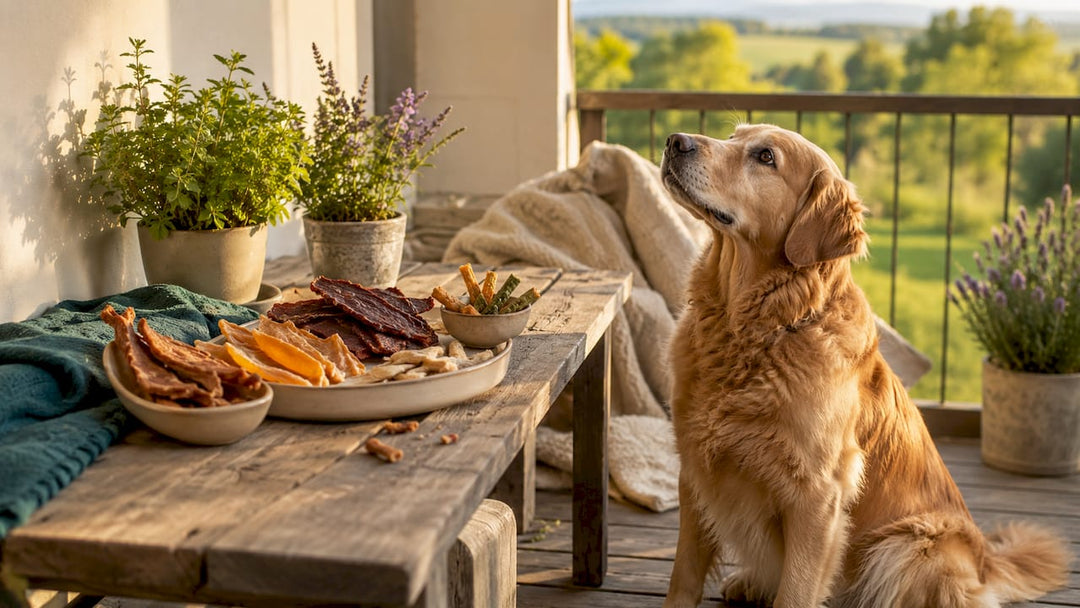 Gesunde Hundesnacks liegen auf dem Tisch, während ein Golden Retriever neugierig zuschaut.